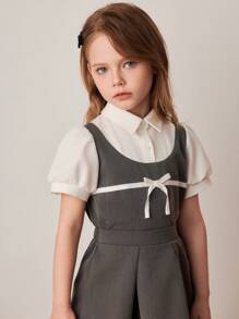 PrepCrw Conjunto de camisa y minifalda de parchwork gris y blanco para niñas, primavera/verano