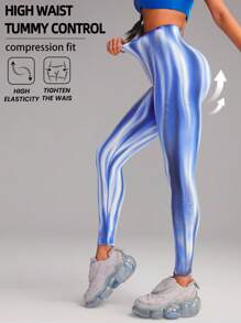 Innovista 女士运动装无缝抽象扎染运动紧身裤、高腰收腹和压缩健身服、动态渐变极光印花塑身衣、前卫独特的健身运动服、塑身和性能裤、骑行、自行车、跑步、有氧运动、力量、举重、普拉提、拳击、户外、徒步、露营、越野、瑜伽、垫子、排球、攀岩、音乐节、派对、电动、打底层、蓝色、白色、Y2K、春夏装备、入门运动服