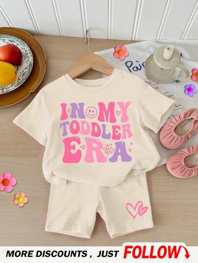 SHEIN Happikins Baby Girl Casual Simple Letter Print Short Sleeve Shorts Set, Cotton Suitable For Summer