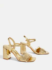CUCCOO TILAWA Women's Gold Square Toe Woven Texture Block Heel Sandals, High Heel Slip-On Shoes - Gold - View 9