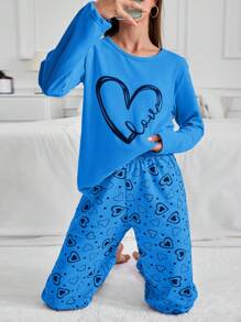 RueChic 100% Cotton 2Pcs  Contrast Colour Heart Printed PJ Set - Blue - View 3