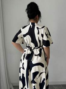 Elenzga 休闲大码衬衫领短袖印花连衣裙