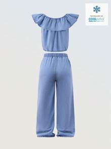 Denimly Tween 女童两件套：休闲露肩荷叶边衬衫和松紧腰阔腿柔软牛仔裤 - 淺色水洗藍 - 查看 2