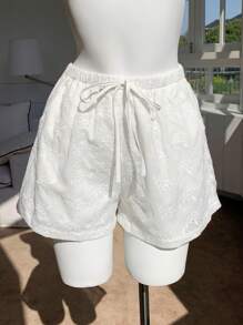 Comfortcana Pantalones cortos con cintura de cordón, bordados con un patrón quemado, tejidos en blanco para damas