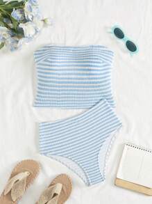 Swim Chiccia Textured Spaghetti Strap Bikini Top For Women For Summer Beach Vacation - Blue and White - View 4