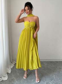 Rafferiza 无肩带褶皱连衣裙，优雅性感礼服配缎带领带，全新夏季风格 - 綠色 - 查看 4