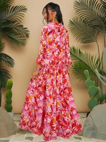 Travachic Tropical Print Chiffon Ruffled Halter Neck Dress, Perfect For Holiday - Red - View 2