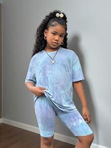 SHEIN Tween Girl 2 件套：休闲扎染蓝色印花宽松 T 恤和紧身打底裤