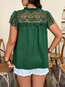 SHEIN Clasi Plus Size Women Boho Dissolving Floral Lace Patchwork Textured Fabric Ruffled Bowknot Collar Blouse - Dark Green - View 2