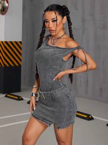 Jeanoix Women's Off-The-Shoulder Washed Fitted Denim Dress - Grey - View 3