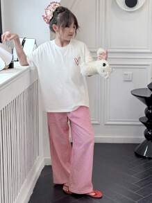 Dazy Kids 青少年女孩休闲圆领字母印花短袖 T 恤 + 格子梭织裤家居服套装，春夏季，返校服装 - 白色 - 查看 8