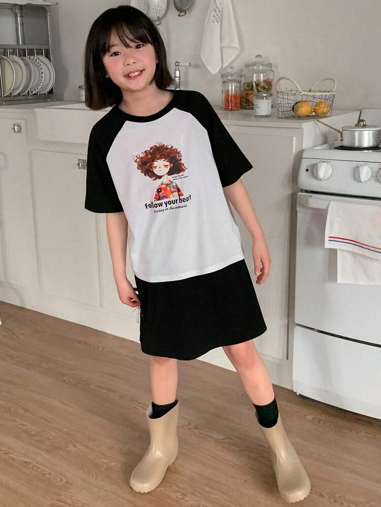 Girls Tween Girl Fashion Knit Printing Colorblock Raglan Sleeve Top + Knit Mini Skirt Set, Summer