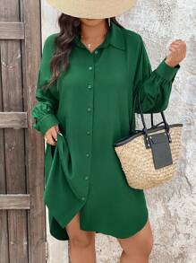 SHEIN VCAY Áo sơ mi dài tay đơn hàng thường ngày màu trơn cỡ lớn cho nữ - màu xanh lá - Xem 3