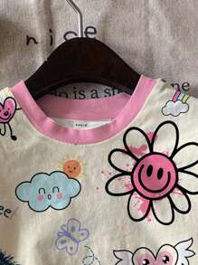 SHEIN Leap Crew Graffiti Cartoon Bow Print Oversized T-Shirt, Casual & Simple For Teen Girls, Suitable For Summer - Multicolor - View 3