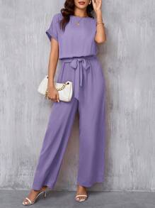 SHEIN Clasi Bộ đồ liền thân cổ tròn thanh lịch dành cho nữ có thắt lưng và ống rộng - Màu tím hoa cà - Xem 5