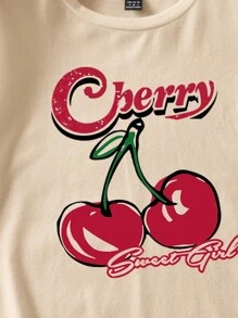 Attitoon 休闲樱桃印花圆领修身大码女式短袖 T 恤，适合夏季套头衫