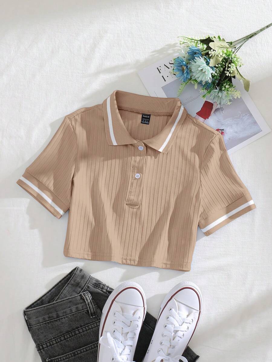 Franclia 休闲简约撞色镶边短款T恤，夏季 - 杏色 - 查看 1