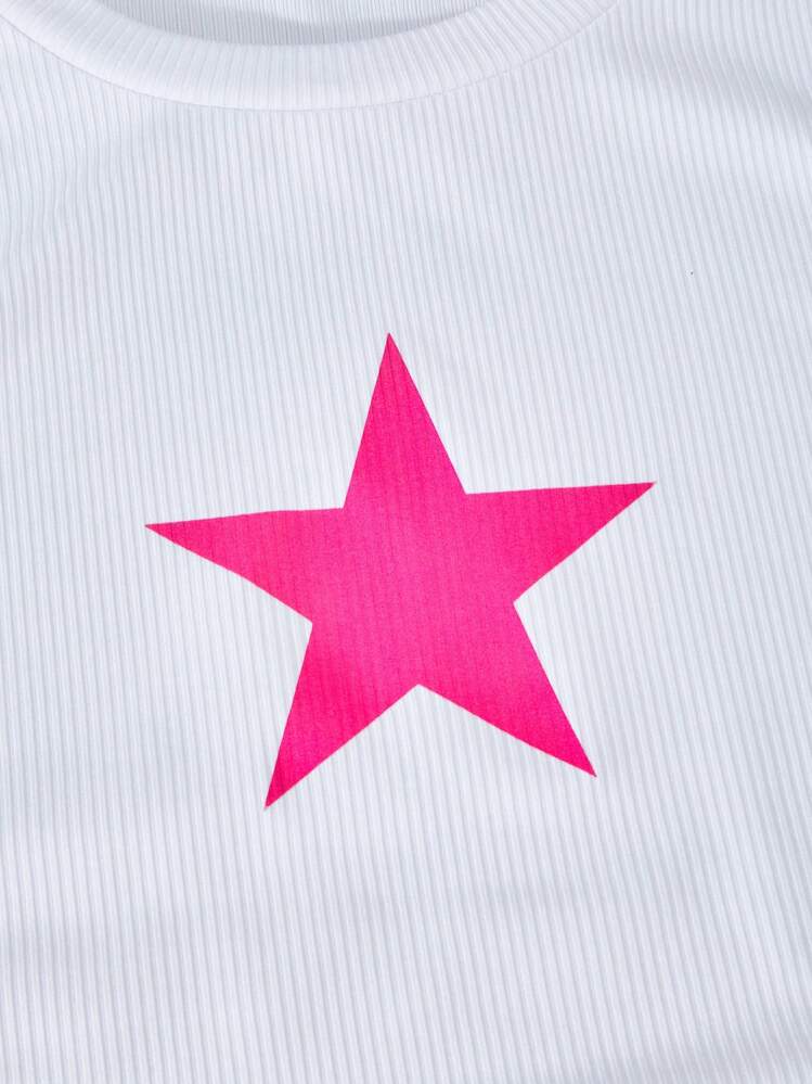 ChillGRL Set de 2 piezas de top de tirantes con estampado de estrellas y pantalones cargo de bloques de color para niñas preadolescentes, conjunto de ropa casual de estilo urbano para primavera/verano y vacaciones de verano - Rosa Fucsia - Ver 5