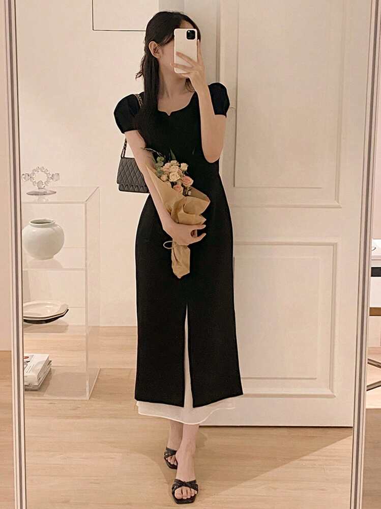 DAZY Elegant Design Color-Blocking Short Sleeve Midi Dress For Women Elegant Sundress - Black - View 6