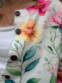 SHEIN LUNE 全新女式纽扣印花花卉和树叶图案薄款圆领长袖休闲开衫 - 米色 - 查看 3