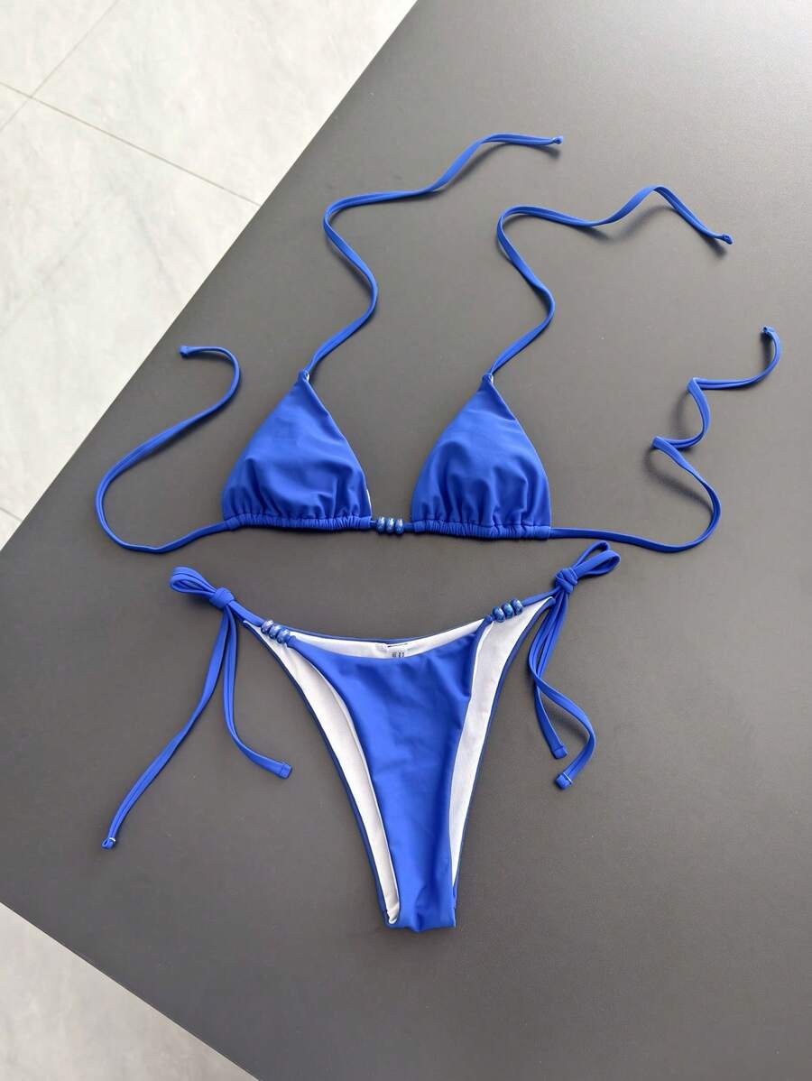 SHEIN Swim 2 件套女士度假风格纯色吊带三角串珠泳衣