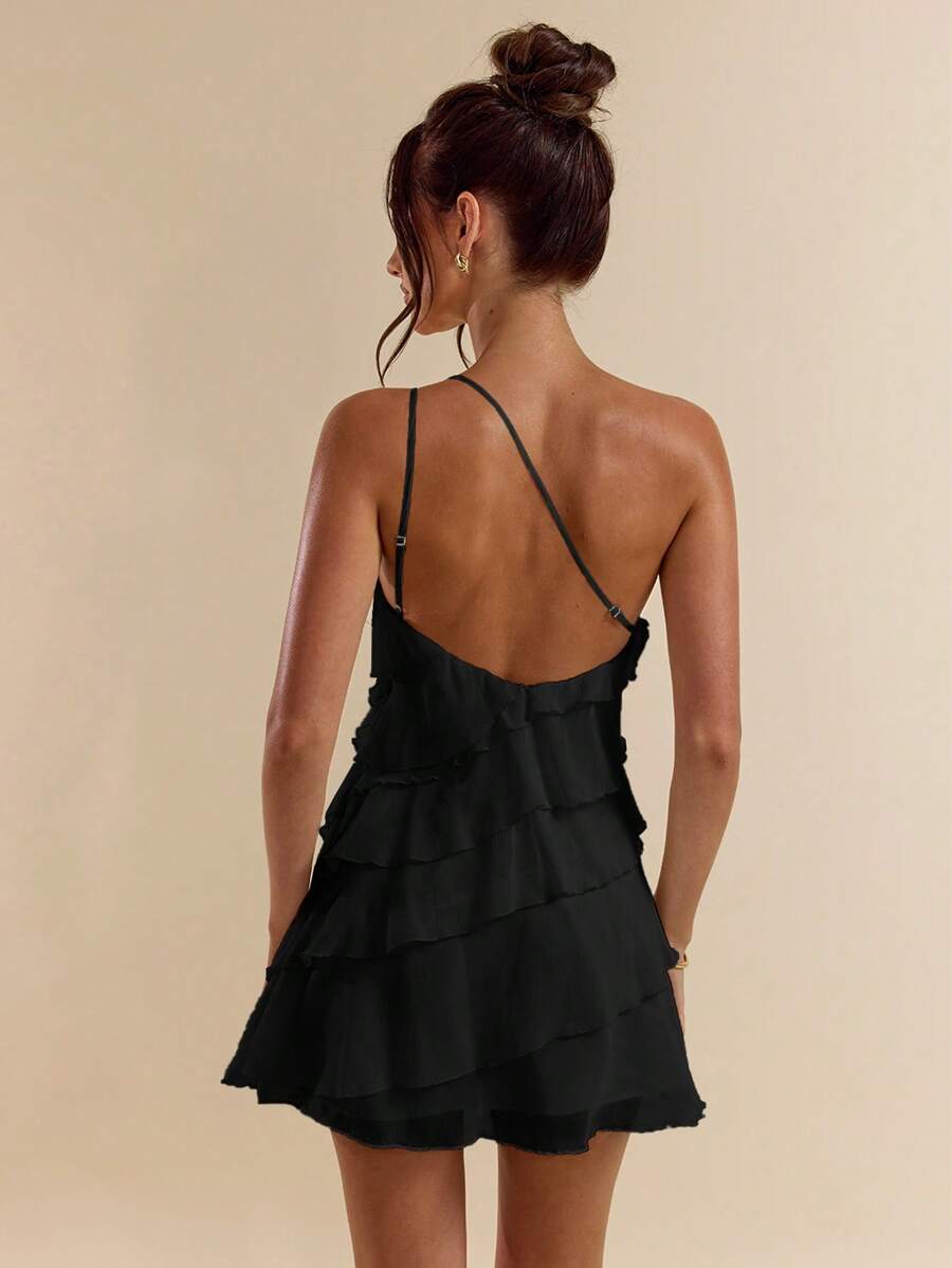 SHEIN BAE Váy ngắn lá sen xếp lớp màu mơ đơn sắc cho kỳ nghỉ hè trên bãi biển, phù hợp cho hẹn hò hàng ngày, đi chơi đêm, hộp đêm, tiệc tùng, tụ tập, tiệc cocktail, tiệc hồ bơi, quần áo mùa tựu trường, váy mùa đi học, váy ngày lễ, quần áo lễ hội âm nhạc, quần áo lễ hội nhạc đồng quê, quần áo hòa nhạc - màu đen - Xem 1