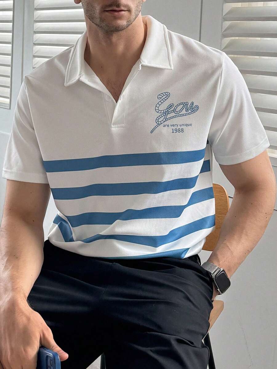 DAZY Summer Men's Abstract Letter Printed Striped Polo Shirt - Blue and White - View 1
