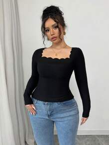 Arcane Artistry Áo thun nữ cổ vuông tay dài màu đen viền bèo nhún thanh lịch ôm sát vừa vặn - màu đen - Xem 4