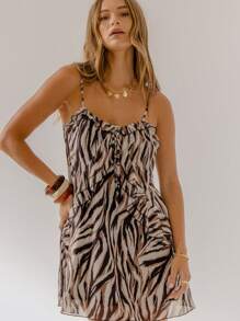 Aralina 夏季冬季荷叶边动物印花性感粉色迷你连衣裙 - 黑與白 - 查看 7