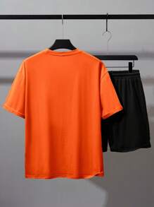 Manfinity Homme 2pcs/Set Men Slogan Print Round Neck Short Sleeve Casual T-Shirt And Drawstring Waist Shorts Set - Multicolor - View 3