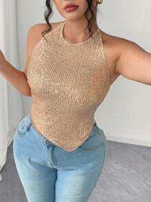 Elenzga Áo dự tiệc/club lấp lánh, bất đối xứng, gợi cảm dành cho nữ cỡ lớn - Rượu sâm banh - Xem 4