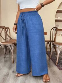 SHEIN PETITE Quần dài thường ngày cỡ lớn có cạp chun và nơ - Màu xanh lam - Xem 5