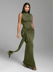 Zolique Women's High Neck Front Tie Sexy Extra Long Dress - Army Green - View 6