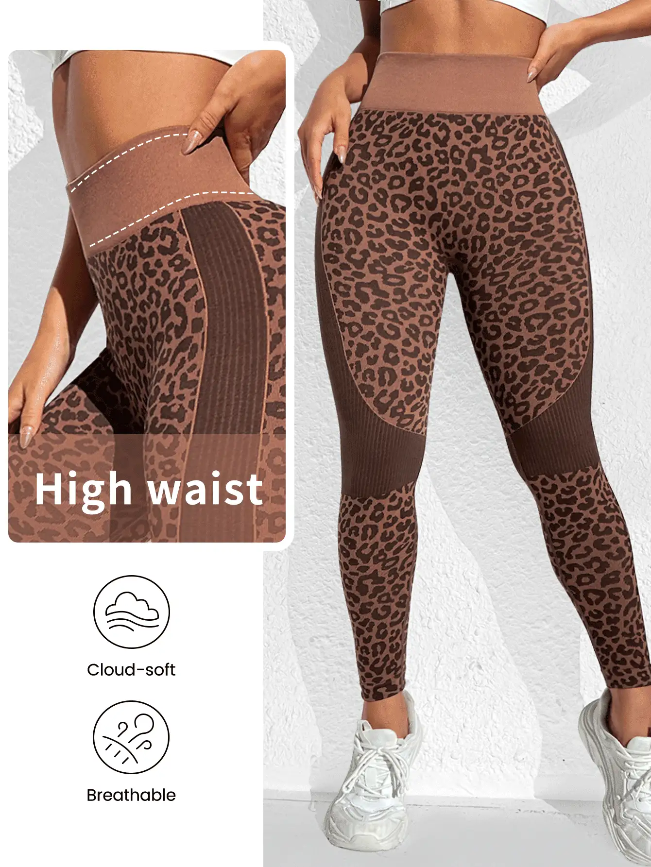 Easithlete 女士豹纹简约运动紧身裤瑜伽裤 - 咖啡棕 - 查看 2