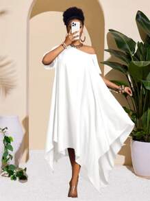 Slaydiva 2025 新款休闲百搭日常无袖/短袖宽松不对称下摆连衣裙，简约设计，适合春夏季