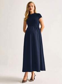 MaterniWear Maternity Solid Color Stand Collar Elegant Short Sleeve Dress, Summer Navy Blue - Navy Blue - View 5
