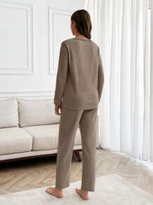 RueChic 2Pcs  Slogan Printed Lounge Set - Beige - View 2