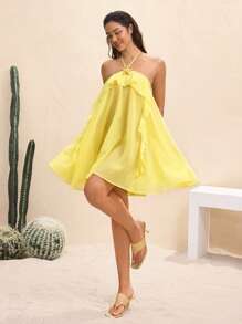 BY FELIZIA Women's Butter Yellow Solid Chiffon Starfish Decoration Open Back Ruffle Sexy Mini Dress For Summer Beach Vacation - Yellow - View 4