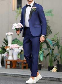 Manfinity Mode Men's Shawl Collar Long Sleeve Jacket And Pants Suit Set - Navy Blue - View 4