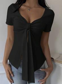 SHEIN EZwear Damen Lässig schwarzes Strick-T-Shirt mit Bindedetail, Schlitz-Saum und Kurzarm