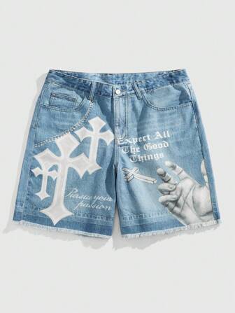 Goth Men's Summer Casual Cross Logo Printed Denim Shorts