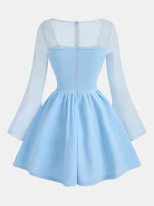 SHEIN Girlism 少女浅蓝色针织褶皱胸围、收腰 A 字形喇叭袖复古优雅短款迷你连衣裙，透明袖子，适合休闲外出 - 淺藍色 - 查看 2