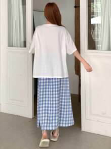 DAZY 2pcs Bow Printed Loose Short Sleeve Plaid Shorts Set, Women Summer Pajamas - White - View 2