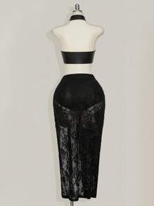 SHEIN ICON Plus Size Lace Ruched High Slit Skirt, Suitable For Music Festival And Party - Black - View 6