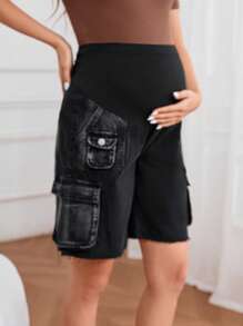 SHEIN Adjustable Waist Cargo Pockets Maternity Casual Denim Shorts