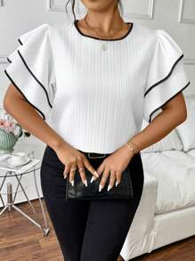 Elenzga Plus Size Black & White Contrasting Ruffle Trim Short Sleeve Blouse - White - View 7