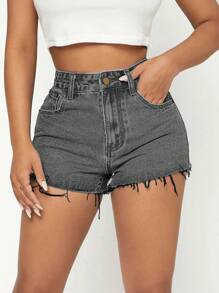 SHEIN PETITE High Rise Curve Denim Shorts In Black With Frayed Hem - Grey - View 4