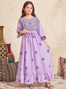 Tween Girl Casual Printed Long Dress - Mauve Purple - View 5