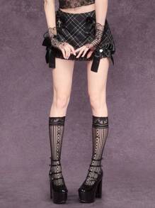 ROMWE Goth 黑色和灰色格子哥特宫廷可爱学院风蝴蝶结女式迷你裙 - 黑色 - 查看 2