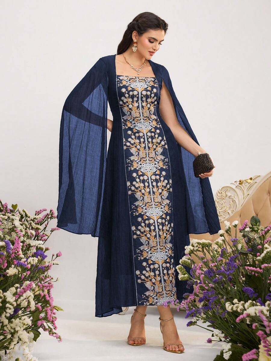 Al Najma Women's Floral Print Patchwork Ruffled Elegant Arabic Style Dress - Navy Blue - View 1